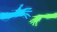 two hands reaching towards each other with blue and green light coming from the top one