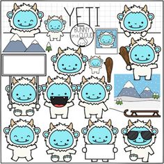 a blue and white cartoon character set