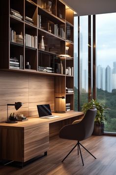 a wooden desk sitting in front of a window next to a book shelf filled with books