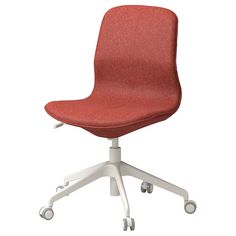 a red office chair with wheels and casteors on an isolated white surface, viewed from the front