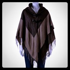 Nwt Poncho. Cute With 2 Toggles Brown Poncho For Layering, One Size, Cozy Brown Outerwear One Size, One Size Brown Cape Outerwear, Brown Long Sleeve One-size Cape, Beige Cape For Cold Weather In Fall, Brown One Size Poncho For Winter, One-size-fits-all Brown Winter Poncho, One Size Brown Poncho For Winter, Casual Brown One Size Poncho