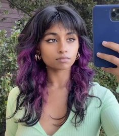 Purple Hair Streaks, Curly Shag Haircut, Dyed Curly Hair, Hair Streaks, Dyed Hair Inspiration, Colored Curly Hair, Wolf Cut, Dye My Hair, Hair Dye Colors