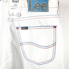 Lee Boston Icon limited edition white denim jeans/trousers with red and blue stitching, a tribute to the star spangled banner. Cool turquoise cow hide leather brand tag/ loop. Very rare item. New and unworn from a deadstock, in mint condition. **As they are white and never been used washed in 30 years, a good wash will bring them back to the perfect white** Size A 16 H 176 The Star Spangled Banner, Star Spangled Banner, Flag Icon, White Denim Jeans, Star Spangled, Handmade Gift Wrap, Cow Hide, Us Flag, Brand Tags