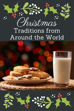 a plate of cookies next to a glass of milk on a table with holly decorations