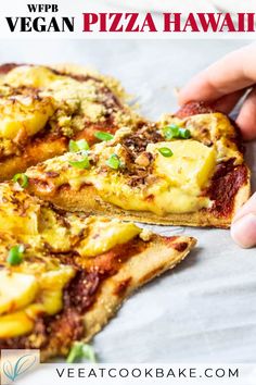 a person taking a piece of pizza from a plate with the words vegan pizza hawaiian on it