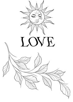 the word love is written in black and white with leaves on it's side