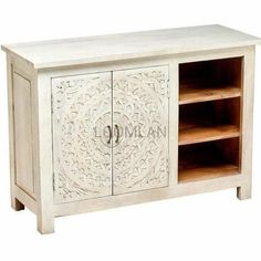 46 Antiqued White Distressed Hand Carved TV Stand TV Stands & Media Centers LOOMLAN By LOOMLAN Mango Wood Tv Stand, Wood Tv Cabinet, Solid Wood Tv Stand, Dark Metal, Wood Tv, Iron Hardware, Carved Doors, Tv Stand Wood, Bohemian Art