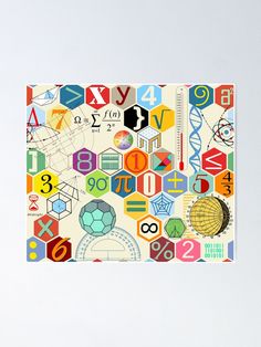 many different numbers and symbols on a white background with blue, red, green, yellow, orange, pink, purple, black poster