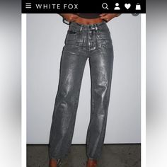 Size Small Fits Like A Size 25, Metallic Silvery Jeans. Super Cute Just Too Big On Me And Couldn’t Return. Never Been Worn/Tags Still On. Casual Jeans For Night Out, Chic Gray Jeans For Spring, Chic Gray Denim Jeans, Low Rise Straight Jeans, Metallic Denim, Metallic Jeans, White Fox Boutique, White Fox, Colored Jeans