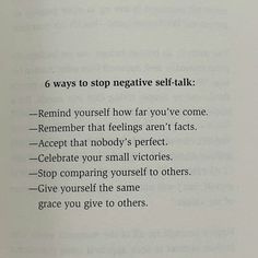 an open book with the words 6 ways to stop negative self - talk