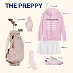 the preppy golf outfit is pink and white, with accessories including a women's tennis skirt