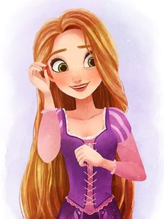 a girl with long hair wearing a purple dress and holding her hand up to her face