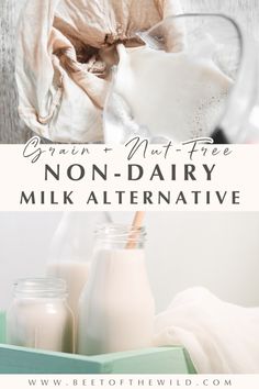 a glass bottle filled with milk next to two jars