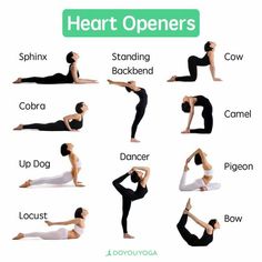 a woman doing yoga poses with the words heart openers