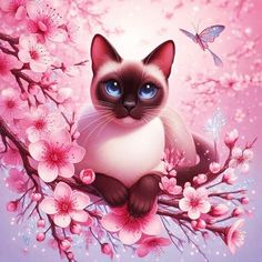 a siamese cat sitting on a branch with pink flowers and butterflies around it, looking at the camera