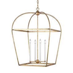 a hanging light fixture with four candles in it and an open cage design on the front