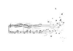 sheet music with birds flying around it