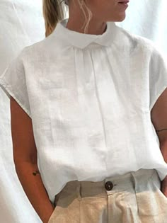 White Casual Stand-up Collar Solid Short Sleeve Blouse Tunic Fashion, Mode Prints, Stand Collar Shirt, Linen Tunic Tops, Blouse Summer, Straight Clothes, Pretty Fashion, Design Stand, Long Sleeve And Shorts