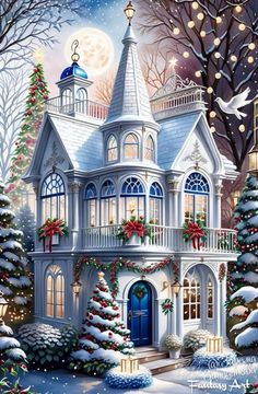 a painting of a house with christmas decorations on the front and trees in the back