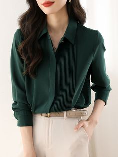 Long Sleeves Loose Buttoned Pleated Solid Color Lapel Blouses & Shirts Tops WHEAT-M Leisure Fashion, Chiffon Fashion, Pleated Blouse, Professional Women, Outfit Combinations, Fashion Seasons, Work Outfit, Long Sleeve Shirt, Sleeve Shirt