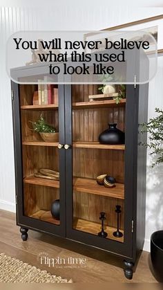 a black cabinet with glass doors and shelves