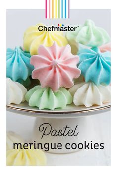 pastel meringue cookies on a plate with the title chefmaster pastel mering