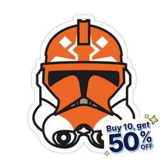 a sticker with the image of a boba fett helmet and text buy 10 get 50 % off