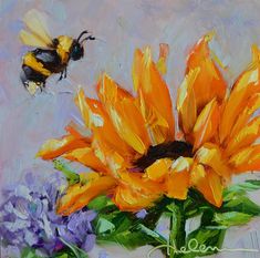 an oil painting of flowers and a bee