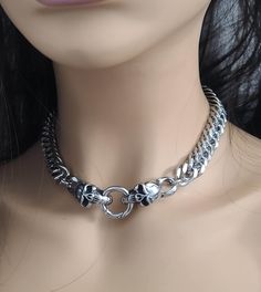 This is a Viking style chunky chain steel gothic grunge punk choker collar necklace, handcrafted with care using only the finest stainless steel materials. This piece features skull clasps that add a touch of gothic edge. PLEASE SEE SIZING INSTRUCTIONS BELOW The chunky style of this piece makes it a statement accessory, perfect for adding a bold touch to any outfit. Whether you're looking to treat yourself or surprise a loved one, this Norse goth necklace makes for an unforgettable gift. Its got Silver Emo Choker For Alternative Fashion, Gothic Stainless Steel Chain Necklace, Silver Emo Choker, Gothic Stainless Steel Choker Necklace, Silver Punk Style Chain Necklace, Silver Punk Choker, Silver Punk Choker For Gift, Emo Metal Choker As Gift, Gothic Silver Jewelry With Chunky Chain