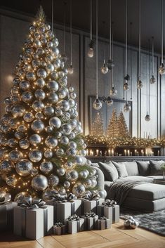 a living room with a christmas tree and presents