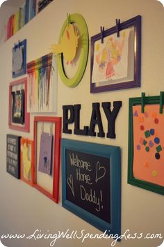 there are many pictures on the wall that say play