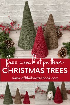 crocheted christmas trees with text overlay that says free crochet pattern