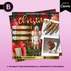 Elevate your holiday promotions with our Christmas Nail Special Flyer Template! Designed for Nail Techs, Nail Salons, and Nail Artists, this editable Canva template is perfect for creating eye-catching social media flyers. Showcase your December sale, specials, and promotions with a festive touch. Customize it effortlessly to match your unique nail business style. Spread the holiday cheer and attract clients with this professionally crafted flyer. Get noticed on social media platforms like Insta Nail Special Flyer, Christmas Promo, Nail Business, Attract Clients, December Nails, Beauty Boss, Holiday Promotions, Flyer Ideas