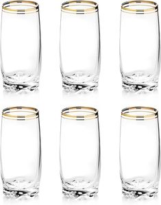 six glasses with gold rims are lined up