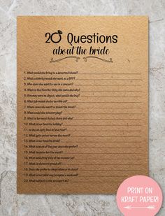 a brown paper with the words 20 questions about the bride written in black on it