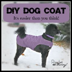 a black dog wearing a purple coat standing in the snow with an advertise