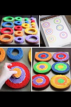 there are several pictures of different colored doughnuts