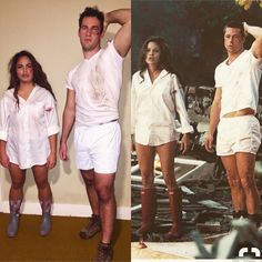 two people standing next to each other in shorts and shirts