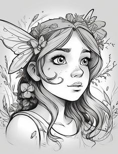 a drawing of a girl with flowers in her hair and butterfly wings on her head