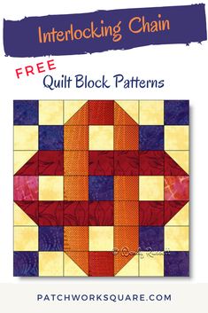 the free quilt block pattern for interlocking chain, which includes an orange and blue design