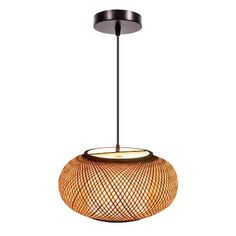 a light that is hanging from the ceiling with a wooden ball on it's end