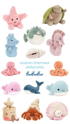 an assortment of stuffed animals are shown in different colors and sizes, with the caption ocean themed jellycats