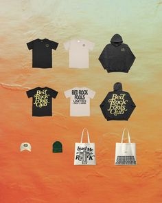 various t - shirts and hats are displayed on an orange background with the words bed rock rocks club