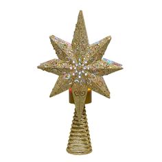 a gold christmas tree topper with lights on it's sides and a star shaped base