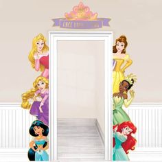 the disney princess wall decals are in front of an open door with their names on it