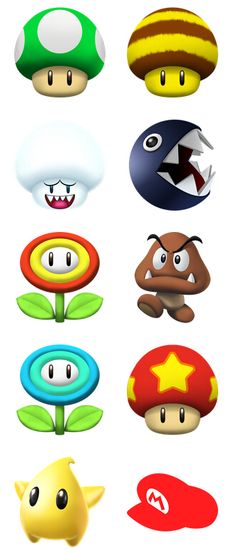 several different types of mushroom heads with eyes and nose shapes, all in different colors