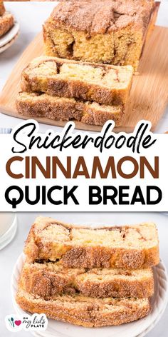 cinnamon quick bread on a cutting board with the words crockerbode cinnamon quick bread