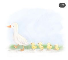 an illustration of a duck and her chicks walking in the grass with blue sky behind them