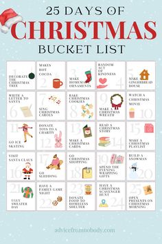 the 25 days of christmas bucket list is shown in red and white with blue background