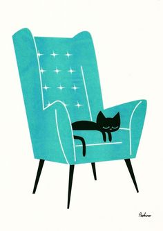 a blue chair with a black cat sitting on it's back in front of a white background